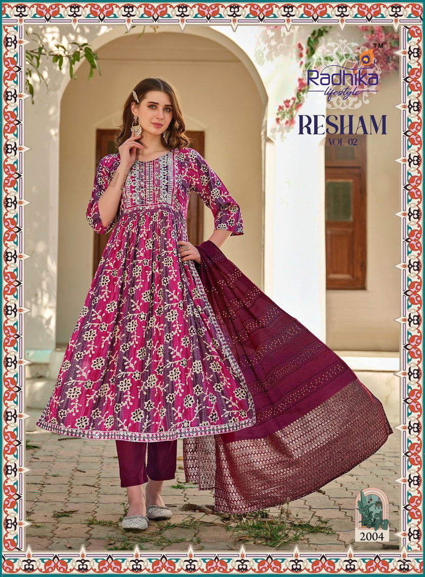 Resham Vol 2 By Radhika Naira Cut Printed Embroidery Kurti With Bottom Dupatta Wholesale Online